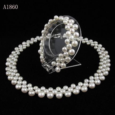 perle ensemble de bijoux couleur naturelle perle blanche 3rows collier de perles d'eau douce collier A1860