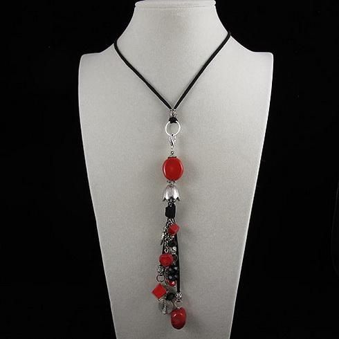Collier élégant perles de cristal de corail rouge corde noire collier cadeaux de Noël bijoux 5pcs / lot A1919