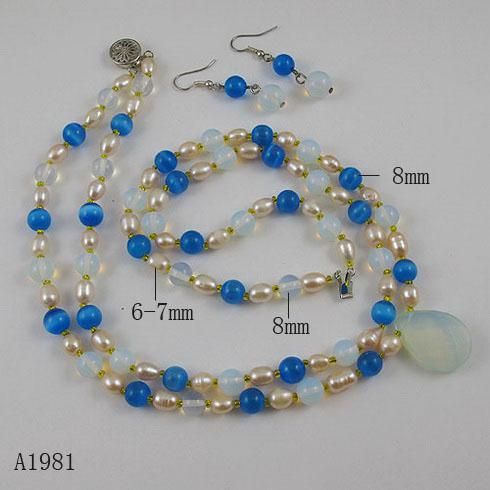Élégant bijoux 2rows Opale, pierre de lune, perle collier boucle d'oreille Cadeau de Noël bijoux ensemble A1981