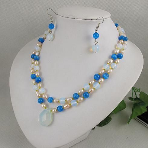 Elegant jewelry 2rows Opal, moonlight stone, pearl necklace earring Christmas gift jewelry set A1981