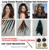 Wholesale LONG INCH Grizzly Rooster Feather Hair Extension Feathers Extensions Needle Beads GRF301