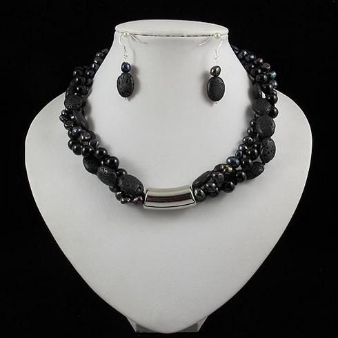 Elegancki zestaw biżuterii 3Rows Black Agate Lava Koraliki Świeżej Wody Pearl Naszyjnik Kolczyk 1 zestaw / lot A2040
