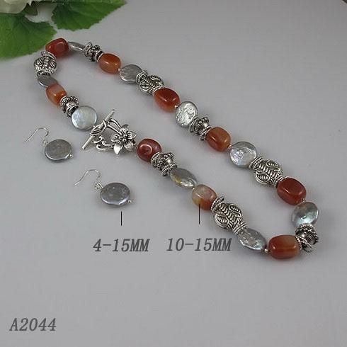 Elegante conjunto de joyas de ágata roja cuentas de plata gris perla collar de plata pendiente / lote A2044