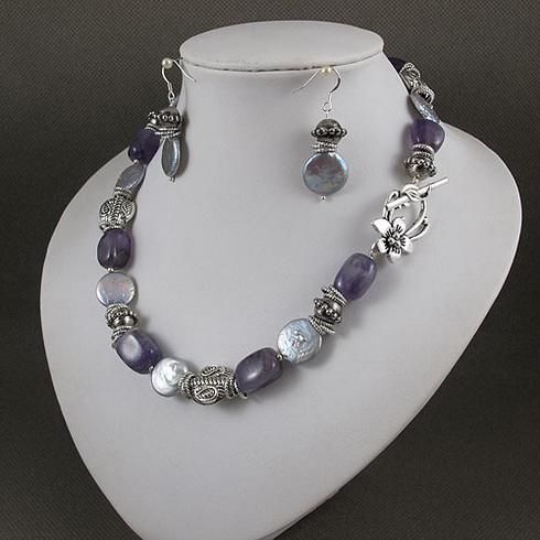 Elegant jewelry set purple amethyst silver gray coin pearl necklace silver earring A2046