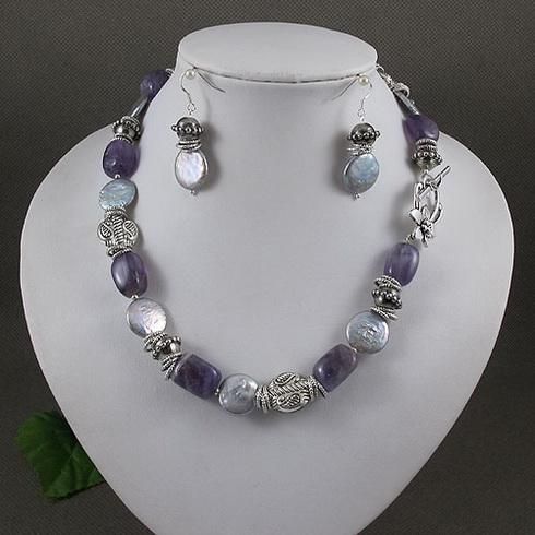 Elegante conjunto de joyas de amatista púrpura plata gris perla collar de plata pendiente / A2046