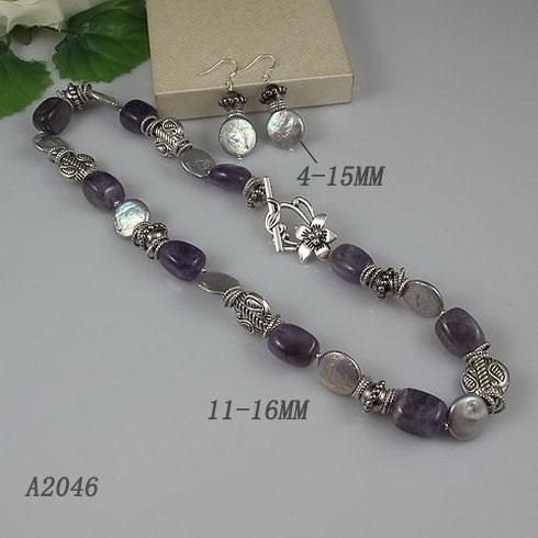 Elegant jewelry set purple amethyst silver gray coin pearl necklace silver earring A2046