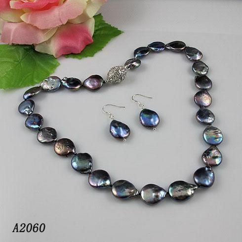 Elégante pièce de monnaie perle bijoux ensemble noir naturel pièce perle collier boucle d'oreille aimant fermoir / A2060