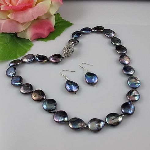 Elegante set di gioielli con perle di monete nere naturali con perle di perle, orecchini con magnete, fermaglio / lotto A2060