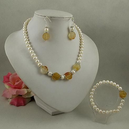 Elegante conjunto de joyas blanco ágata perla flor shaper collar pendiente de la pulsera envío gratis A2064