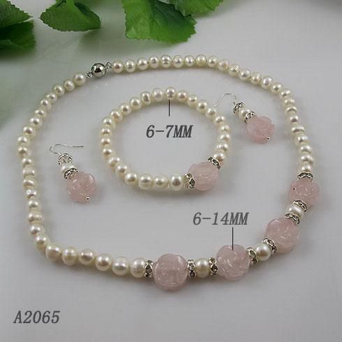 Elegant jewelry set white pearl rose quartz flower necklace bracelet earring A2065