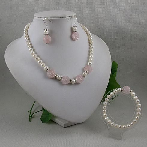 Eleganta smycken Set Vit Pearl Rose Quartz Flower Halsband Armband Örhängen Gratis frakt A2065