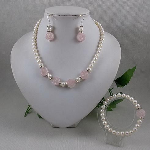 Eleganta smycken Set Vit Pearl Rose Quartz Flower Halsband Armband Örhängen Gratis frakt A2065