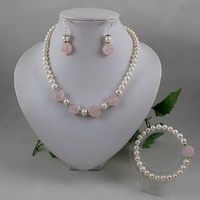 Élégant ensemble de bijoux blanc perle rose quartz fleur collier bracelet boucle d'oreille livraison gratuite A2065