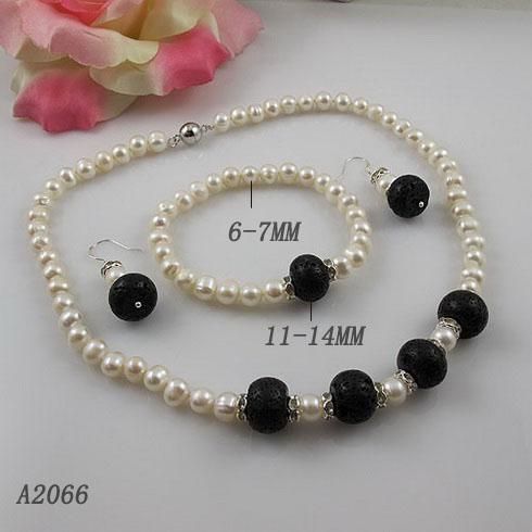 Conjunto de joyería elegante, perlas blancas, cuentas de lave negras, collar, pulsera, pendiente, envío gratis A2066