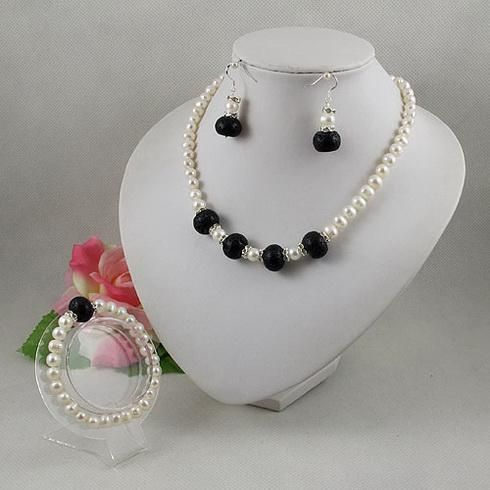 Conjunto de joyería elegante, perlas blancas, cuentas de lave negras, collar, pulsera, pendiente, envío gratis A2066