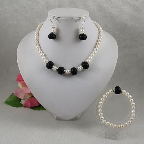 Elegant jewelry set white pearl black lave beads necklace bracelet earring free shipping A2066