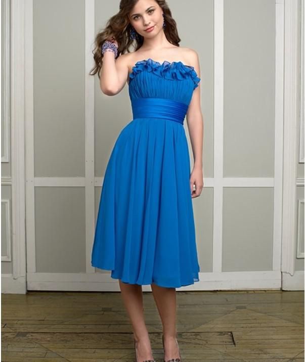New Arrival A Line Chiffon Strapless Tea Length Royal Blue Bridesmaid