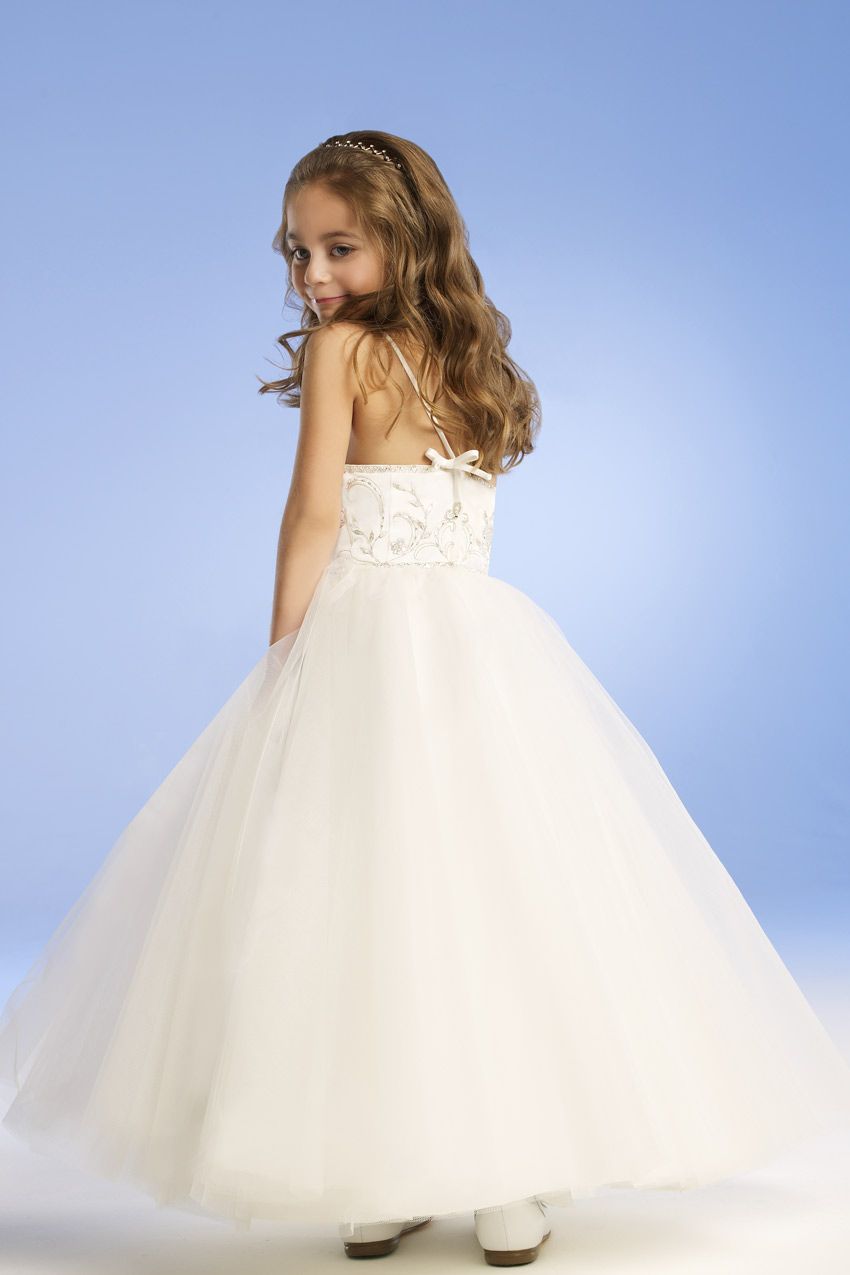 Durante 4 10 años de edad 2014 Vestidos de niña de flores con una línea sin tirantes Satin White Flowen Girl Dress Dress Vestidos de dama de honor N99