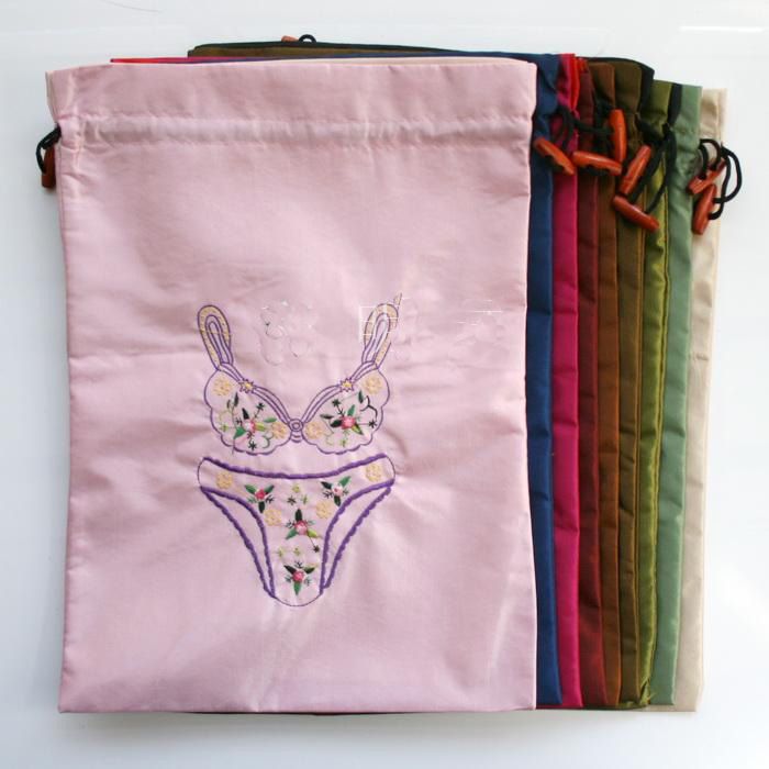 Fine Embroidery Satin Cloth Bra Travel Bag for Underwear Storage Pouch Lingerie Fashion Drawstring Protective Case 27*36cm 50pcs/lot