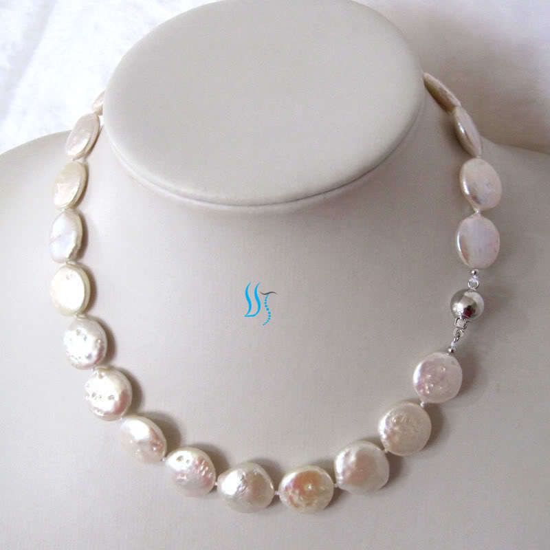 

New fine natural 18"13- 14-mm White Coin Pearl Choker Necklace 925 silver