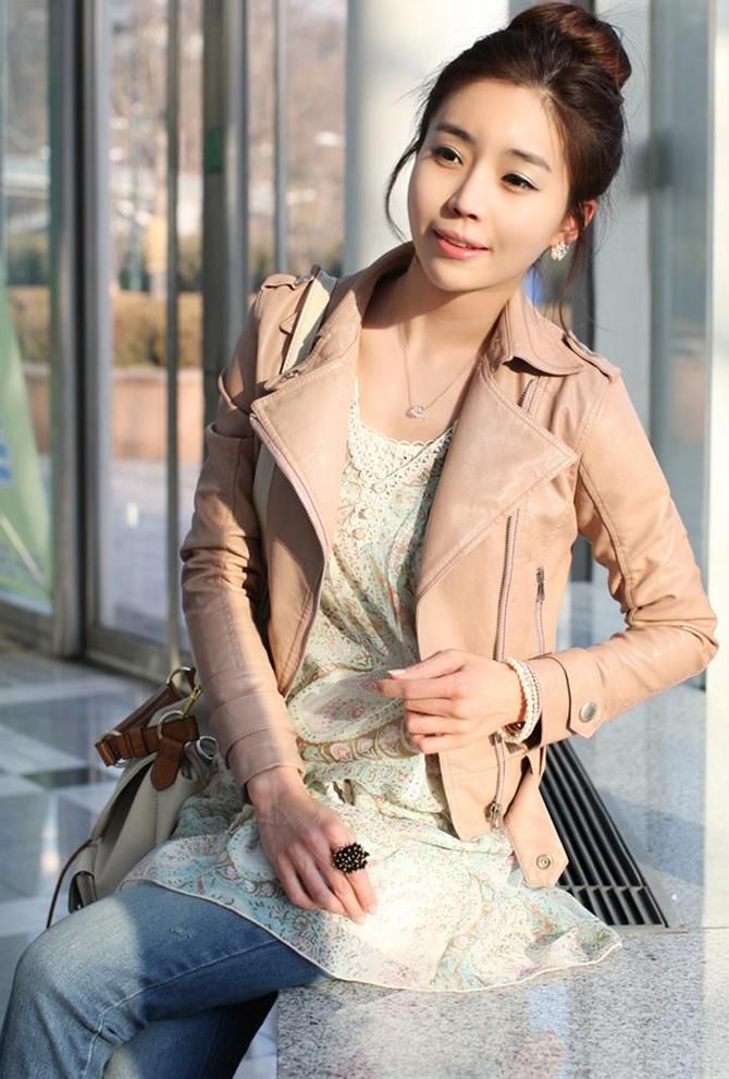 New Autumn/Winter Womens Fashion Motobycle Outwear UP Leather Jacket Short Coat Pink