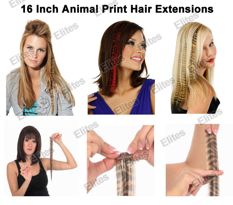 16 "Extensão de penas de penas sintéticas com estampa de animal Cheetah Zebra Feathers Extensions APE004