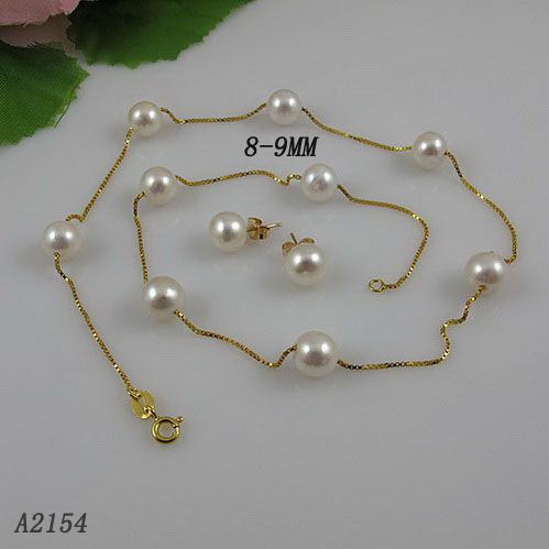 Жемчужное ожерелье 18 дюймов 8-9 мм белый натуральный пресноводный жемчуг Жестяная чашка ожерелье серьги бесплатная доставка