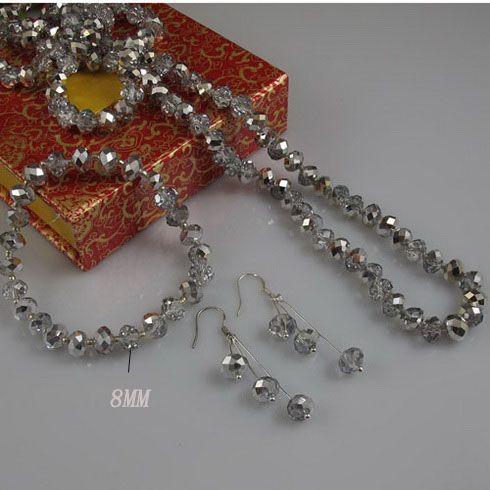 Collar de cristal largo 40 pulgadas 6x8mm collar de cristal gris 8 pulgadas pulsera pendiente de plata envío gratis