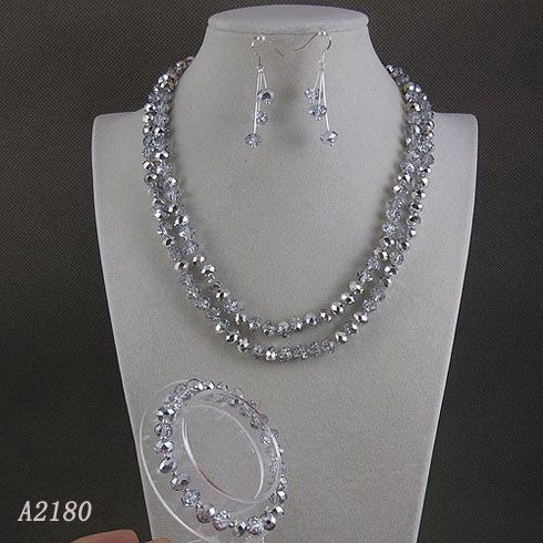 Uzun kristal kolye 40 inç 6x8mm gri kristal kolye 8 inç bilezik gümüş küpe ücretsiz kargo