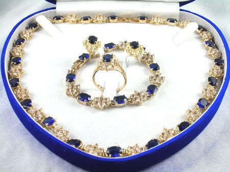 Partihandel Billiga 14kgp Gul Guld Blå Sapphire Halsband Armband Ring