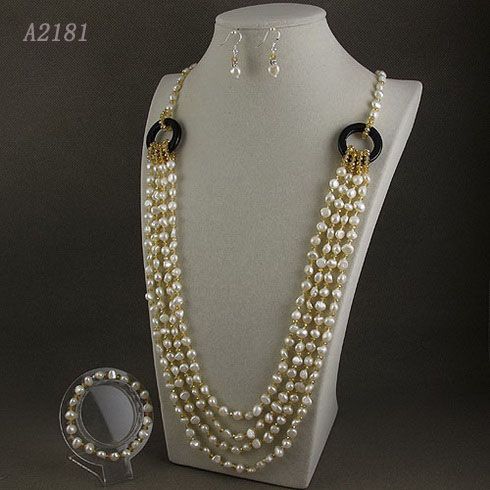 pearl necklace 5rows 5-6mm crystal&white Genuine freshwater pearl necklace &BC&E A2181