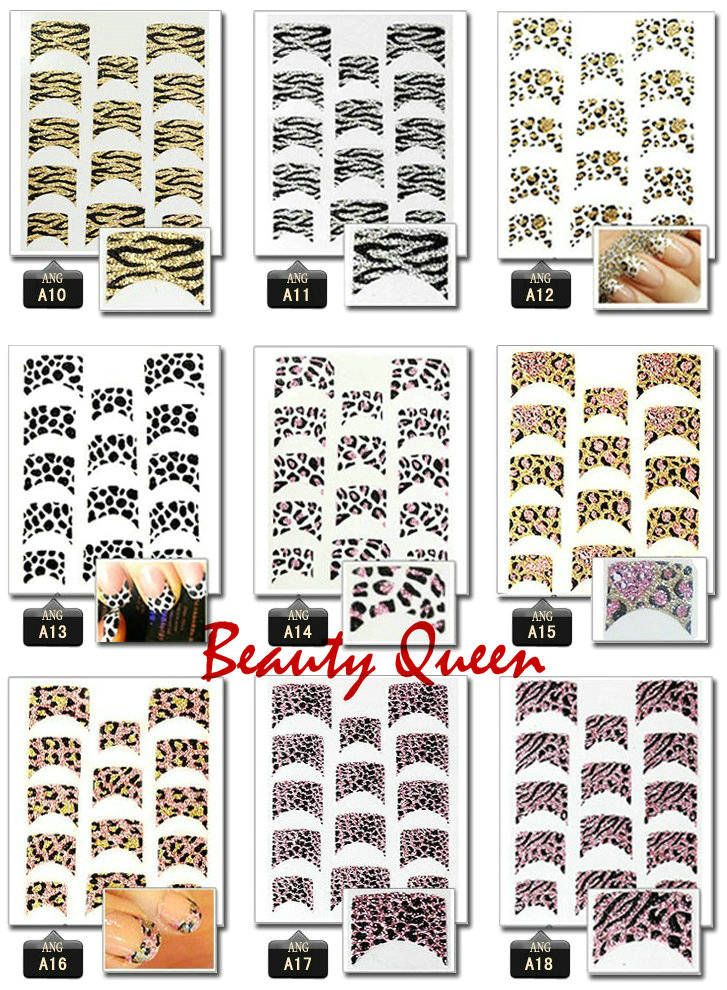 Blandad Korea Fashion Design 3D Nail Art French Decals Sticker Glitter Nail Decal Tips Leopard Flower Lace Tie Dekoration8969773