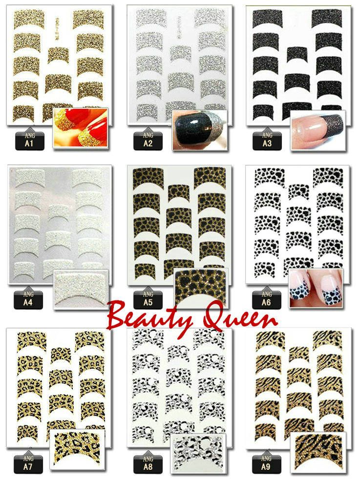 Mixed Korea Fashion Design 3D Nail Art French Decals Sticker Glitter Nail Decal Tips Leopard Flower Lace Tie Decoration1999164