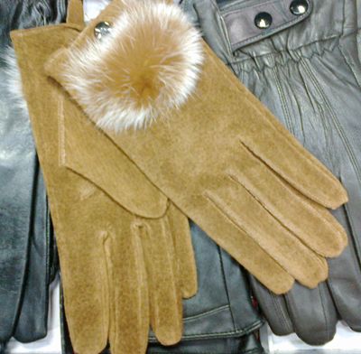 Fur ball Leather Gloves Fur fridged Leather skin gloves LEATHER GLOVES Womens #1646