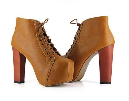 Fashion Tan Wooden Heel Lace Up Ankle Boots Size:35 39 Low Boots Cheap ...