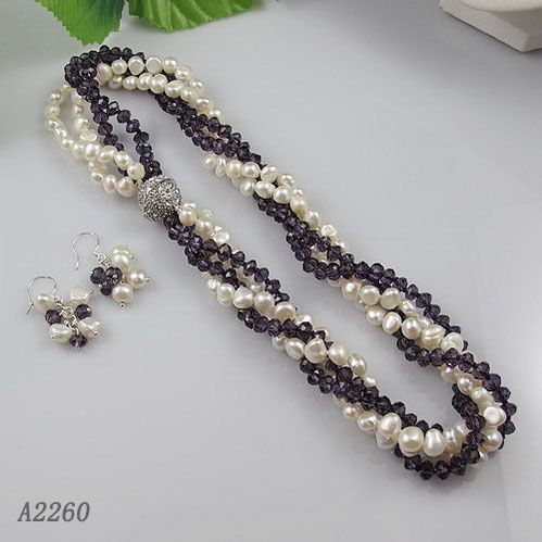 ¡Asombroso! 4rows perla barroca + cristal collar de plata pendiente de la joyería conjunto broche de diamantes de imitación A2260