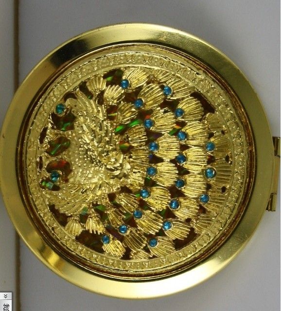 Bohemian ethnic style, hollow / inlaid with precious stones, vintage make-up mirror, peacock