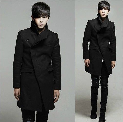 Mens Single Breasted Self Wool Coat Collar Coat Black And Dark Gary ...