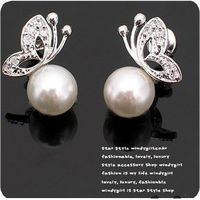 Grossiste bijoux fantaisie 5pr X perle blanche cristal papillon en argent plaqué argent