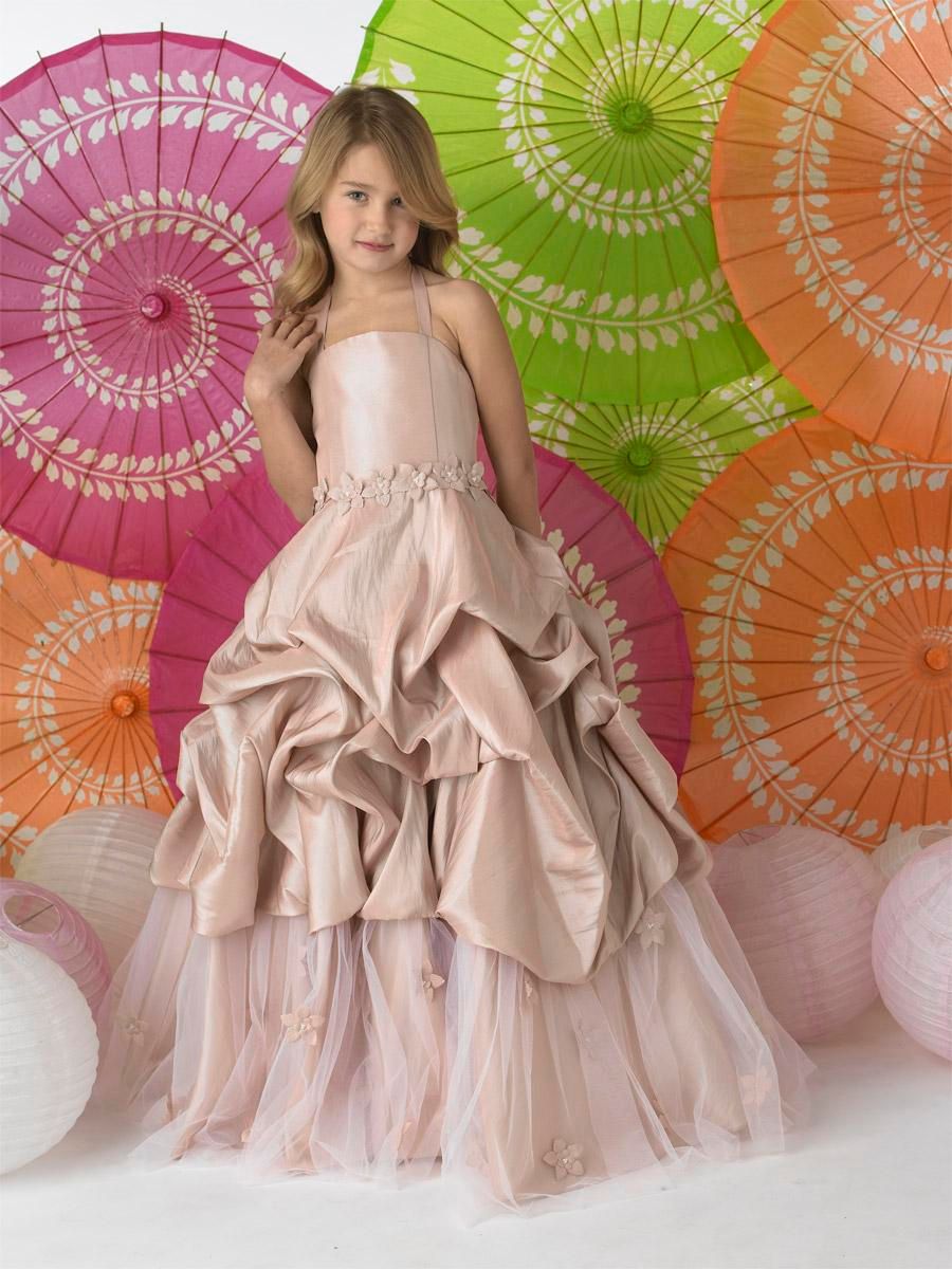 クリスマスシャンパンタフタストラップ結婚式の花の女の子のドレスの女の子のスカートの誕生日ページェントのドレス注文のサイズ2 4 6 10 12 F127002
