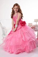 Christmas Pink Organza Halter Beads Wedding Flower Girl Dres...