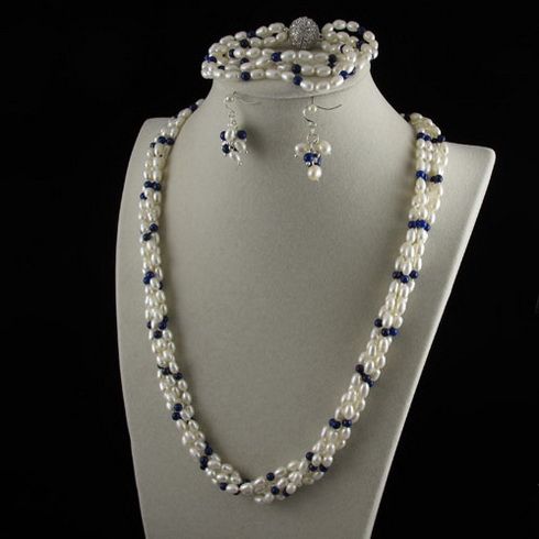 4row pearl jewelry set AA4-5MM white freshwater pearl &lapis & Rhinestone clasp A2457