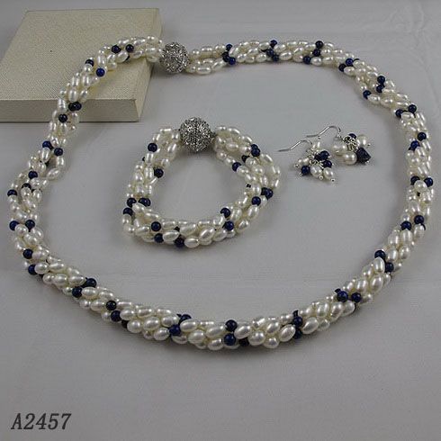 4 hoe Pearl Sieraden Set AA4-5mm Wit Zoetwaterparel Lapis Rhinestone Sluiting Gratis Verzending A2457