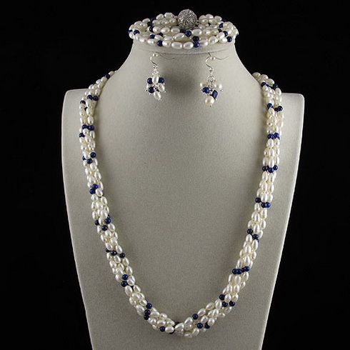 4Row Pearl Biżuteria Zestaw AA4-5mm White Freshwater Pearl Lapis Rhinestone Zapięcie Darmowa Wysyłka A2457