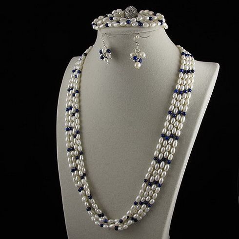 4ROW PEARL Smycken Set AA4-5MM Vit Freshwater Pearl Lapis Rhinestone Clasp Gratis Frakt A2457