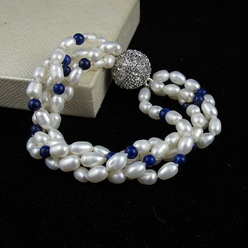 4Row Pearl Biżuteria Zestaw AA4-5mm White Freshwater Pearl Lapis Rhinestone Zapięcie Darmowa Wysyłka A2457