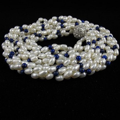 4row pearl jewelry set AA4-5MM white freshwater pearl &lapis & Rhinestone clasp A2457