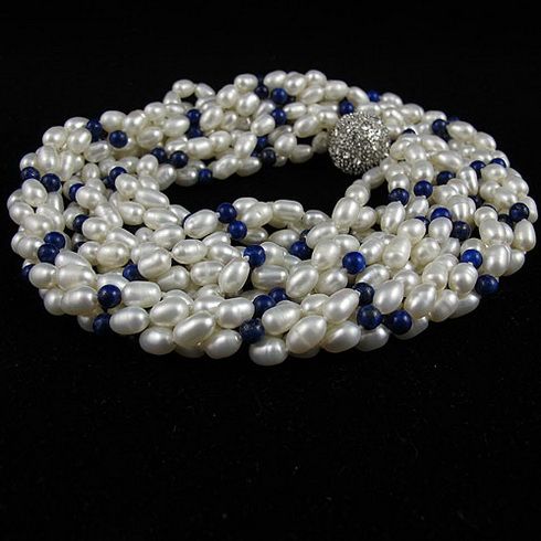 4row perle bijoux ensemble AA4-5 MM blanc perle d'eau douce lapis strass fermoir livraison gratuite A2457