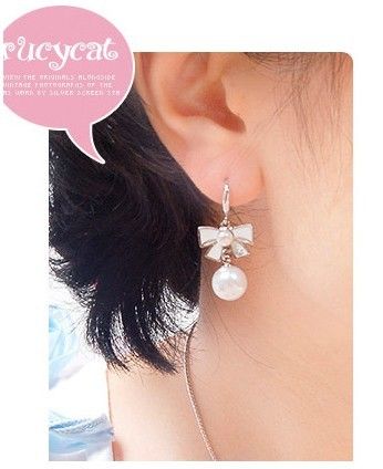 Hot New fashion assez unique perle petite noeud noeud boucles d'oreilles noeud d'arc avec des perles boucles d'oreilles noir et blanc