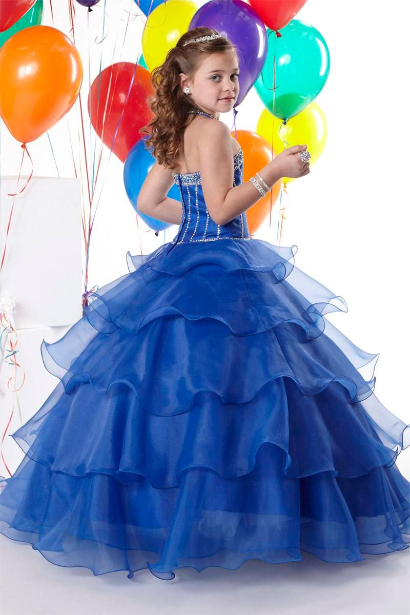 Christmas Royal Blue Organza Halter Beads Wedding Flower Girl Dress Girl's Skirt Birthday Pageant Dress Custom Size 2 4 6 8 10 12 F129023